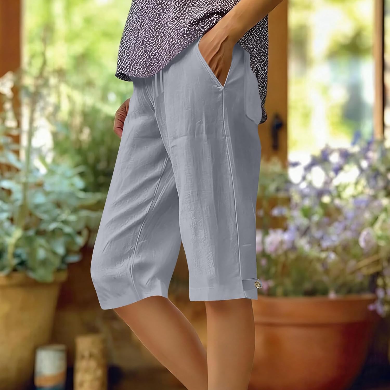 Linen Shorts for Women Baggy Lightweight Beach Bermuda Shorts with Pockets Cute Drawstring High Waisted Pedal Pushers
