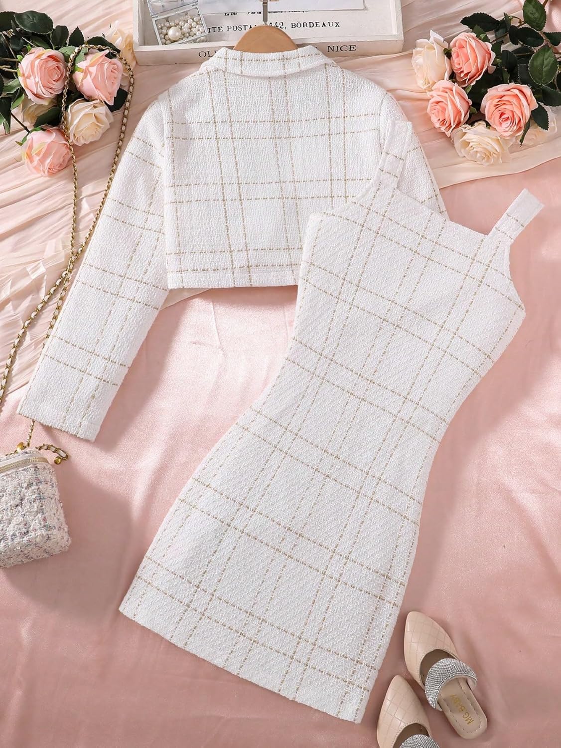 Girl's Plaid Long Sleeve Button Front Tweed Blazer with Cami Dress Set
