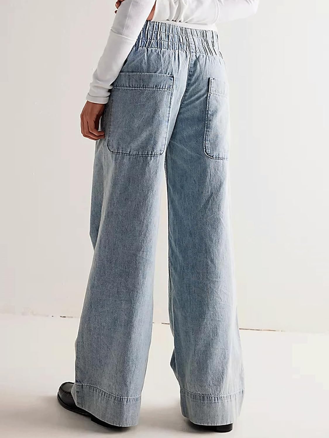 Women's Wide Leg Jeans Casual Baggy Elastic Waist Pull On Jeans Trendy Y2k Boyfriend Pants with Pockets