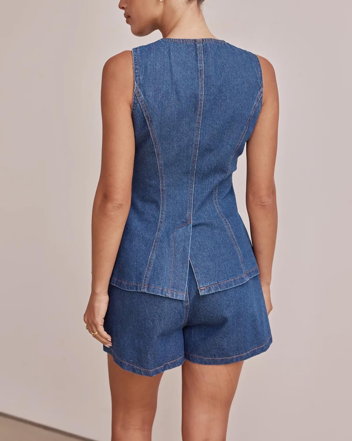 Women's Button Down Vest Sleeveless Tank Tops Crew Neck Slim Fit Jean Jacket Waistcoat with Pockets