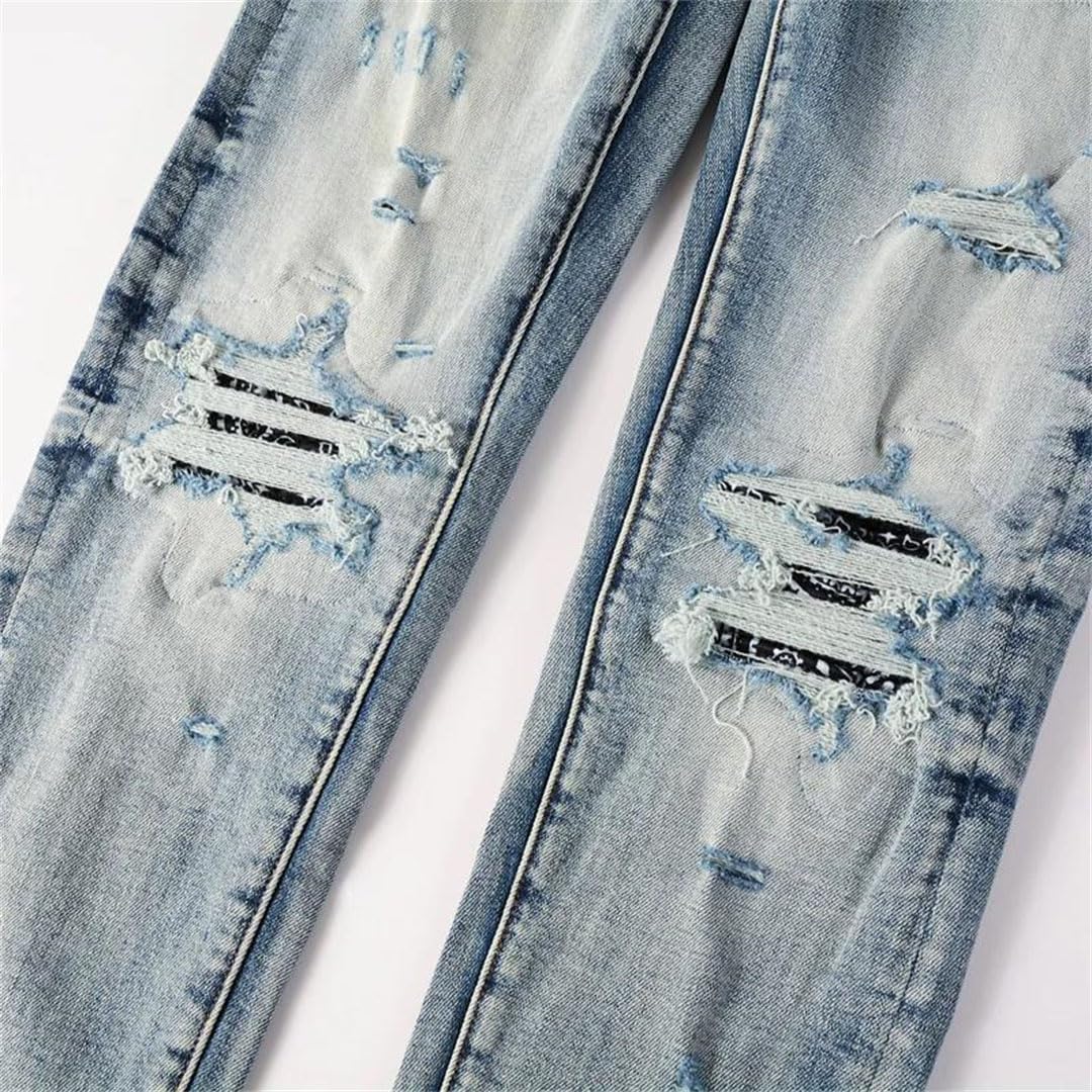 Men's Wrinkle Design Washed Stretch Slim Fit Patch Jeans