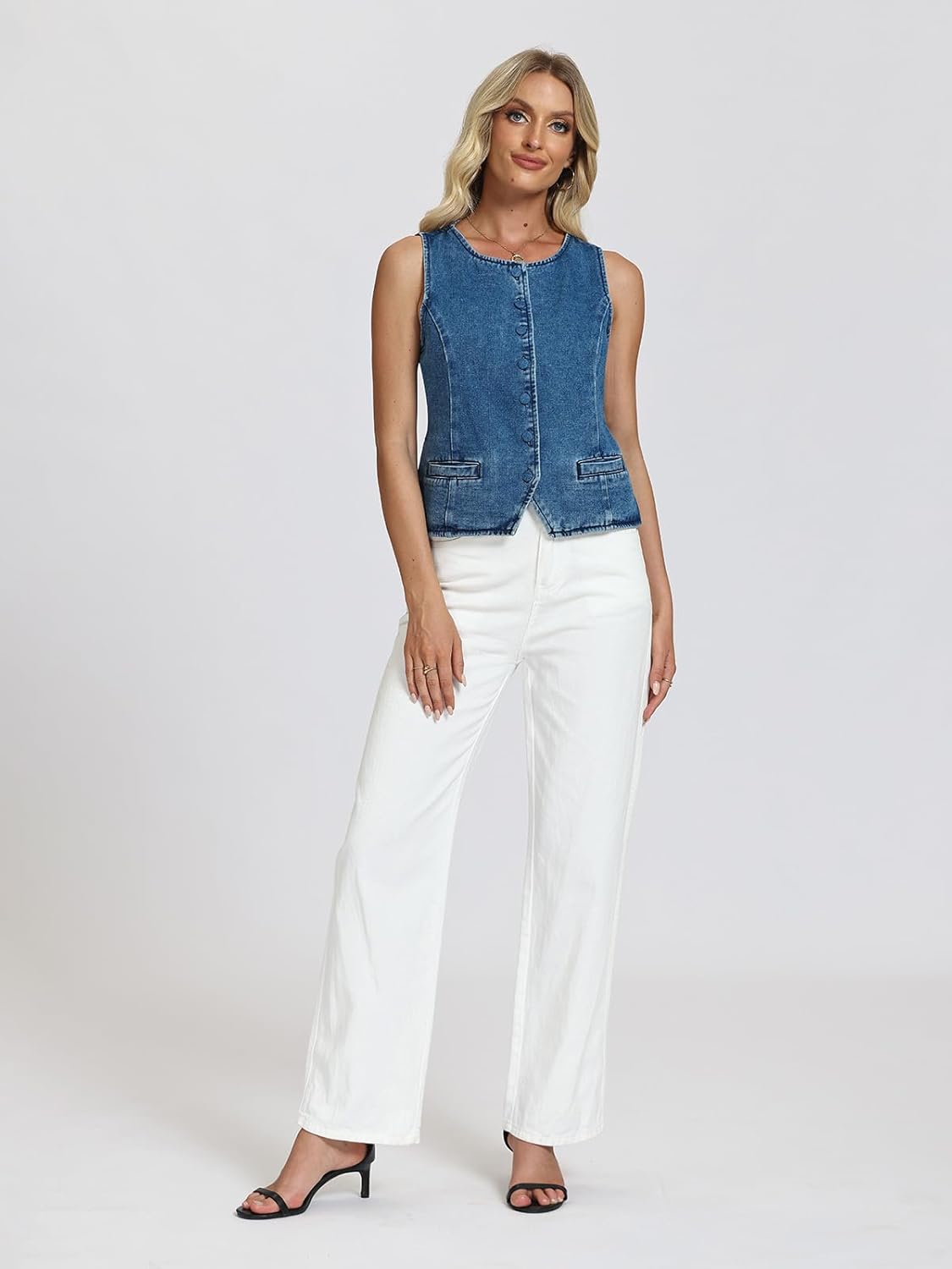 Women Vest Sleeveless Crew Neck Button Down Jean Vest Tank Tops Trendy Casual Jean Jacket Waistcoat
