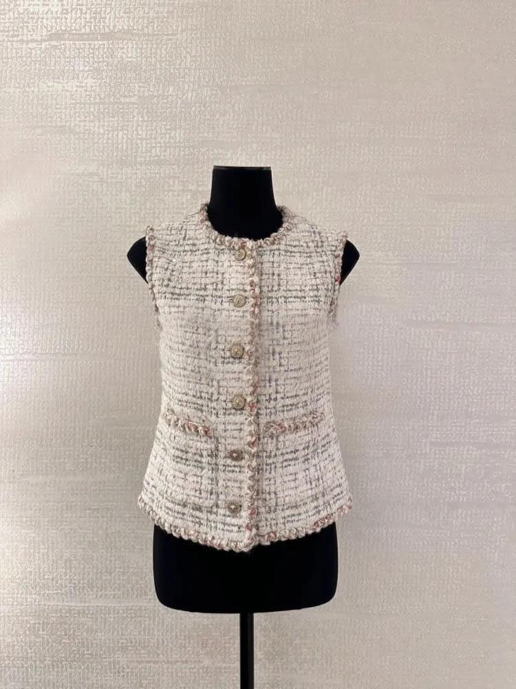 Women Tweed Vest Sleeveless Button Front Slim Fit Office Lady Casual Waistcoat