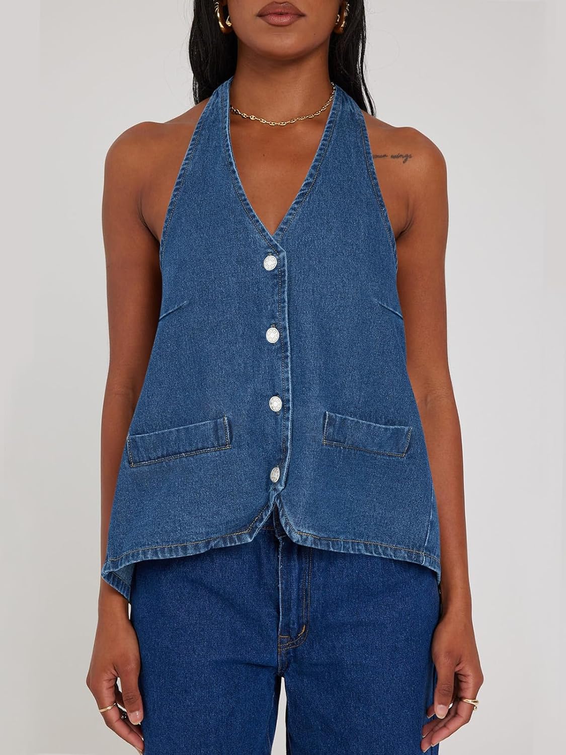 Womens Halter Vest Tops Summer Sleeveless Open Back Y2K Going Out Jean Tank Tops V Neck Button Up Waistcoat