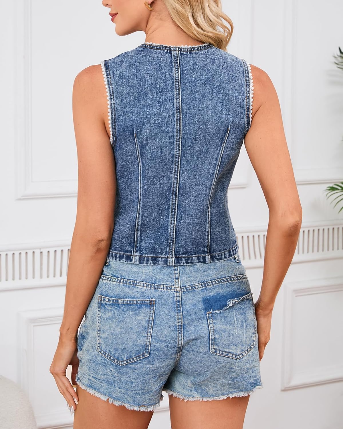 Womens Vest Sleeveless V neck Trim Fitted Jean Suit Waistcoat Tank Tops