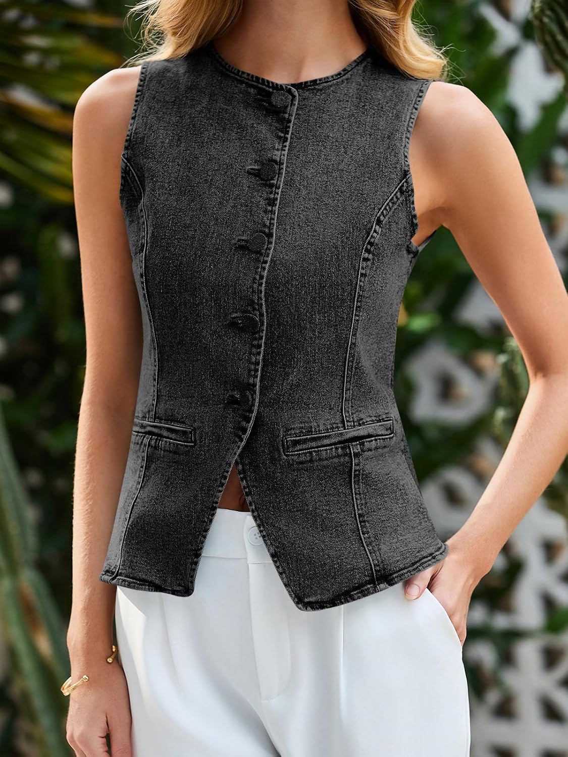 Womens Button Down Vest Tops Sleeveless Fitted Jean Tank Tops Summer Trendy Casual Waistcoat