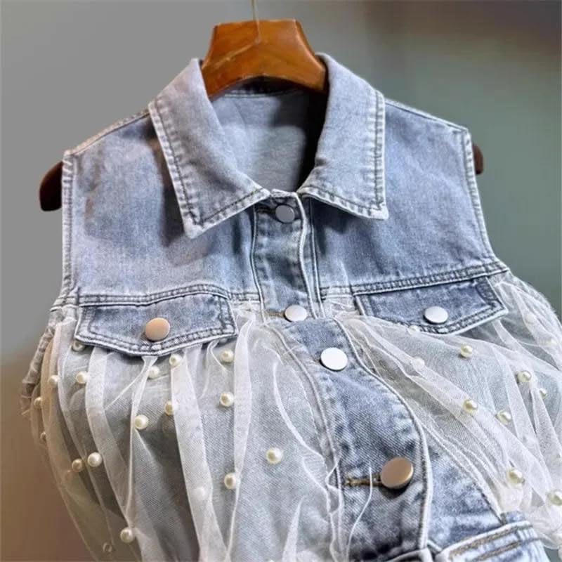 Womens Pearls Beaded Vest Sleeveless Jean Waistcoat Mesh Patchwork Cropped Jacket
