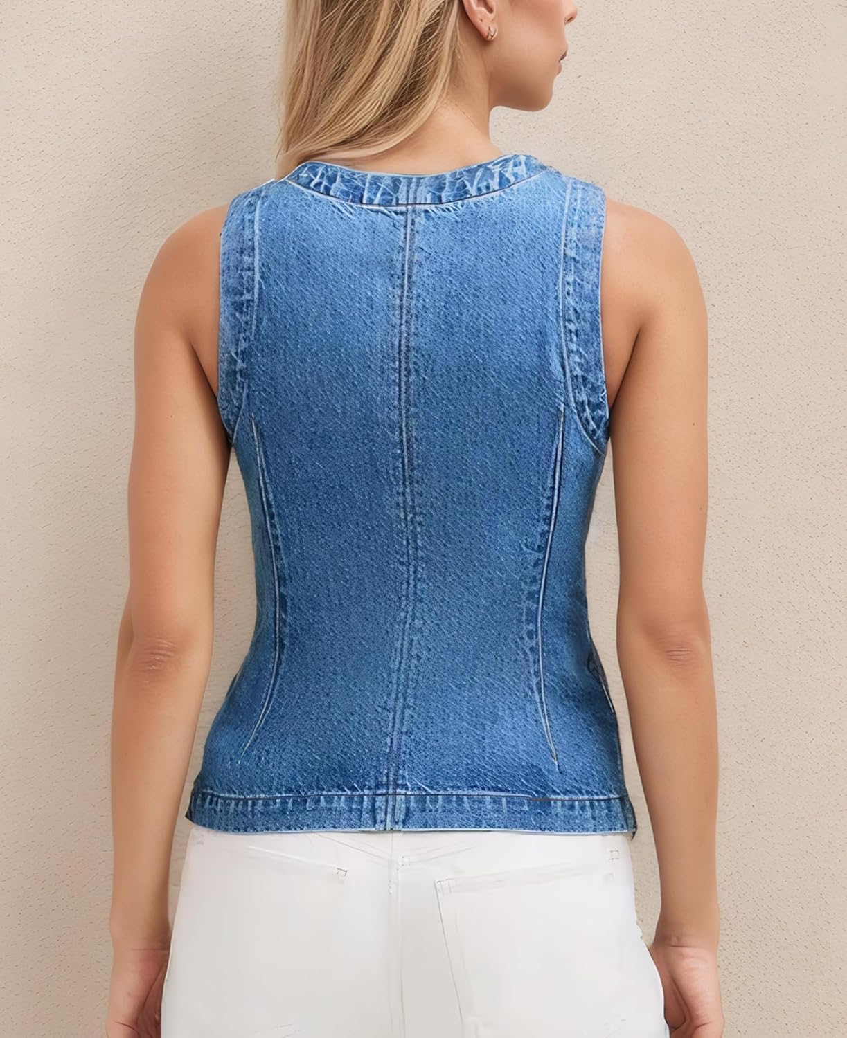Women Vest Sleeveless Crewneck Button Down Jean Waistcoat Casual Front Slit Slim Tank Top