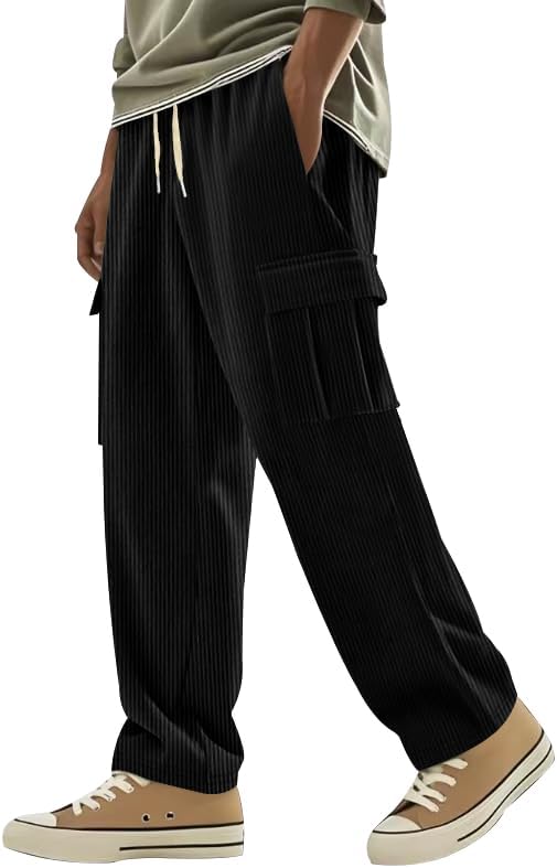 Men Autumn Winter Corduroy Pants Solid Color Fashion Drawstring Cargo Sweatpants with Multiple Pockets Plus Size