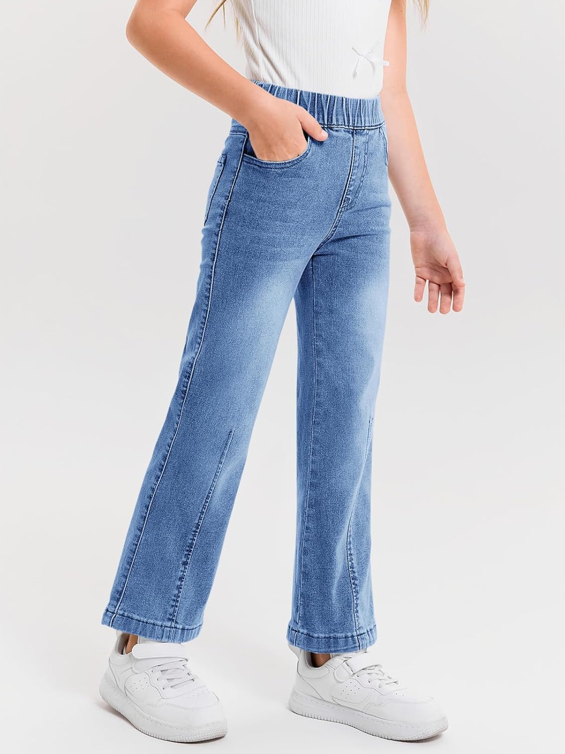 Girls Wide Leg Jeans Kids Elastic Waist Pull On Stretchy Baggy Pants with Pockets -14 Years