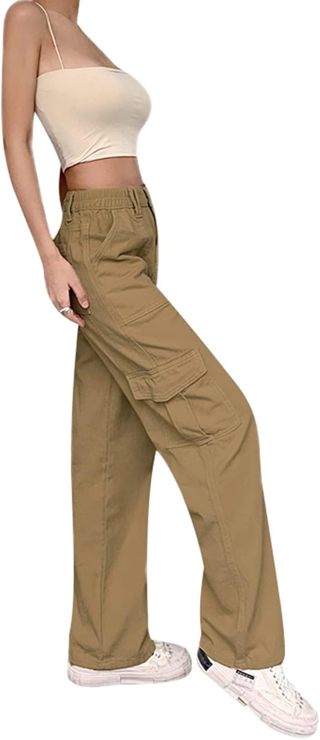 High Waisted Cargo Pants for Women Casual Wide Leg Trousers Baggy Stretch Y2k Cargo Jeans with Pockets