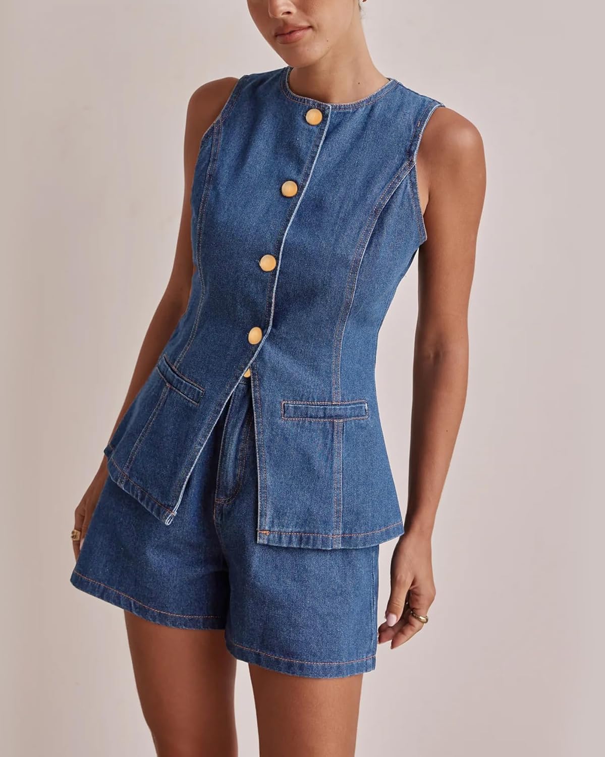 Women's Button Down Vest Sleeveless Tank Tops Crew Neck Slim Fit Jean Jacket Waistcoat with Pockets