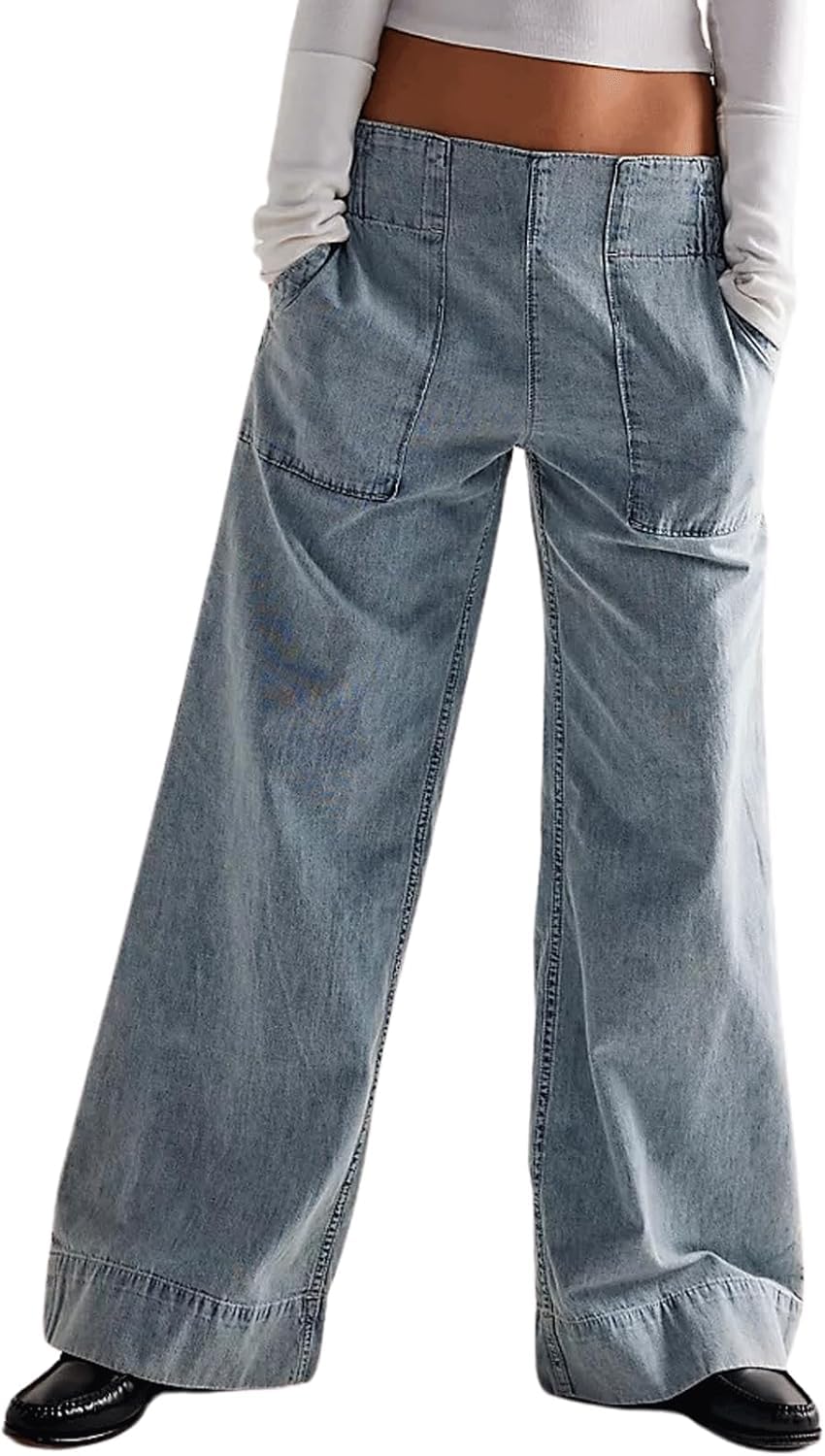 Women's Wide Leg Jeans Casual Baggy Elastic Waist Pull On Jeans Trendy Y2k Boyfriend Pants with Pockets