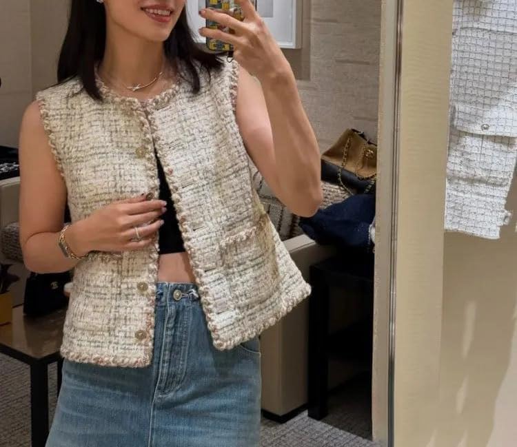 Women Tweed Vest Sleeveless Button Front Slim Fit Office Lady Casual Waistcoat