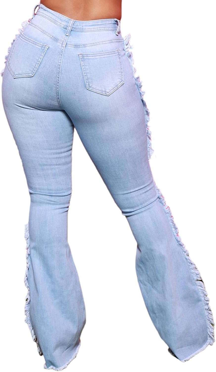 Women Bell Bottom Jeans High Waisted Flare Jean Ripped Hole Classic Bell Bottom Pants