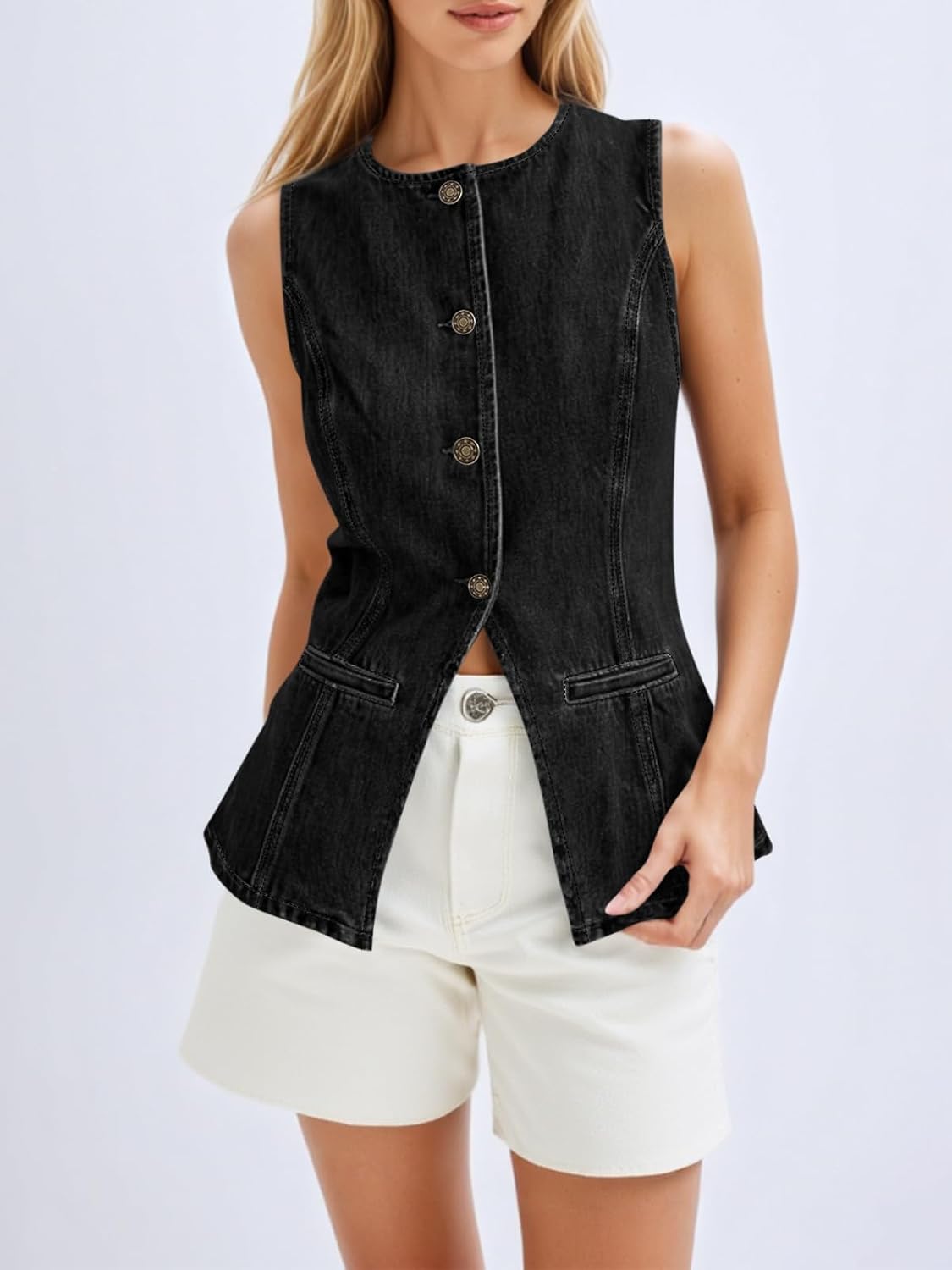 Womens Button Down Vest Trendy Fitted Sleeveless Jean Tank Tops Crew Neck Waistcoat