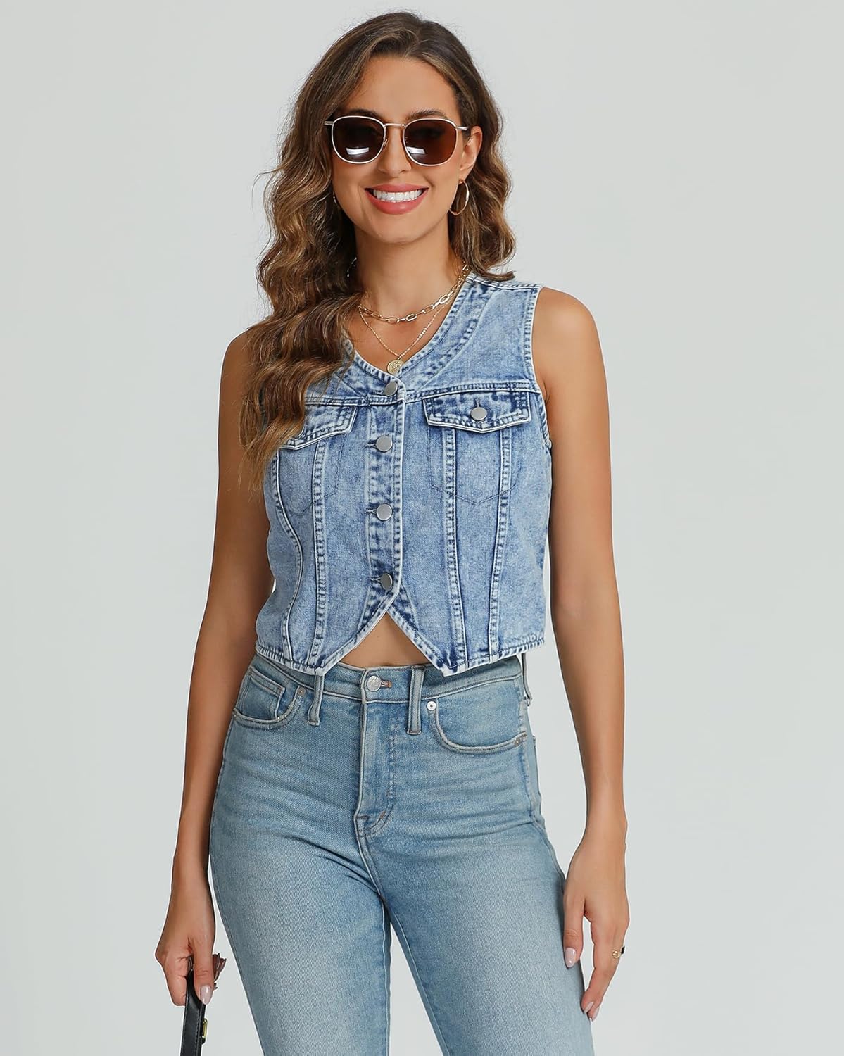 Women's V Neck Vest Asymmetrical Hem Sleeveless Button Front Jean Vests Crop Tops with Pockets