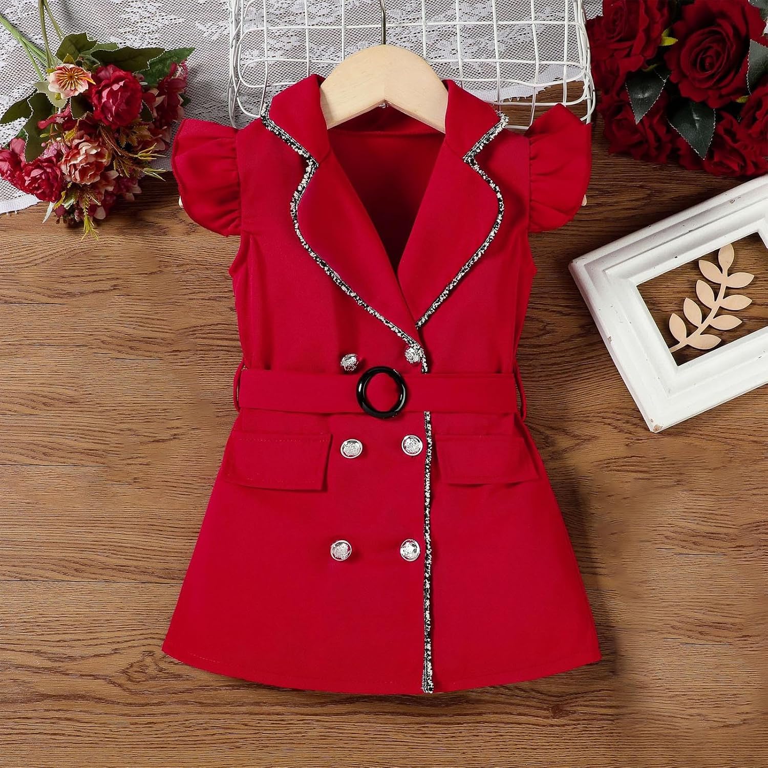 Girls Double Breasted Summer Mini Dresses Elegant Ruffle Sleeveless Belted Blazer Dress for -8 Years