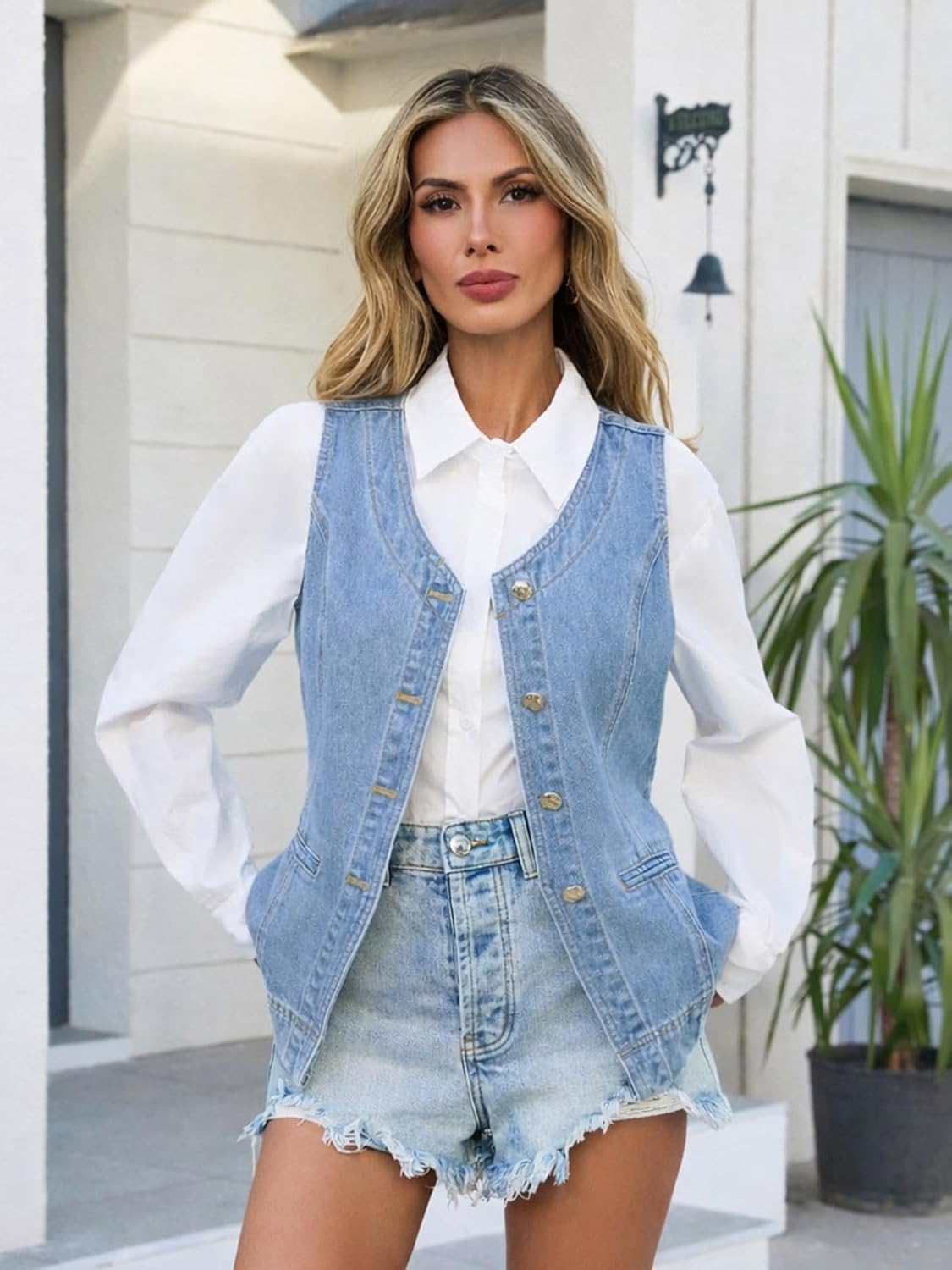 Womens Vest Sleeveless Button Down Jean Waistcoat Suit V-Neck Casual Summer Outerwear for Daily Party Work