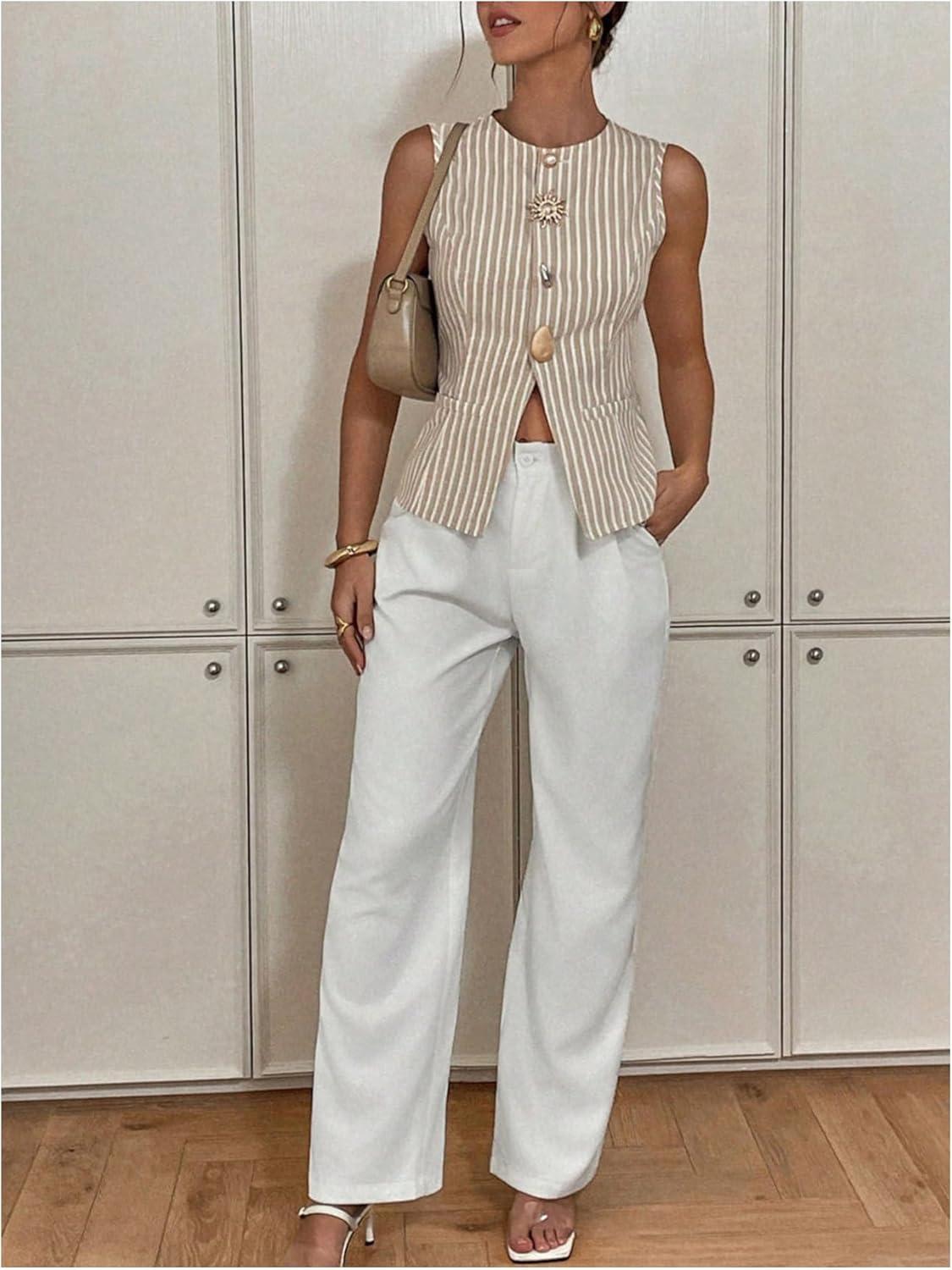 Women's Striped Button Down Tank Top Sleeveless Dressy Vest Business Casual Top