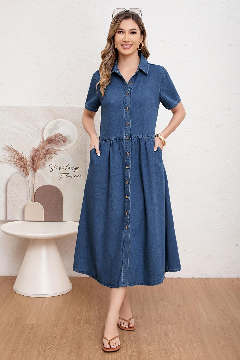 Womens Dress Lapel Short Sleeve Frayed Hem Jean Dresses Oversized Button Down A Line Shirt Dress