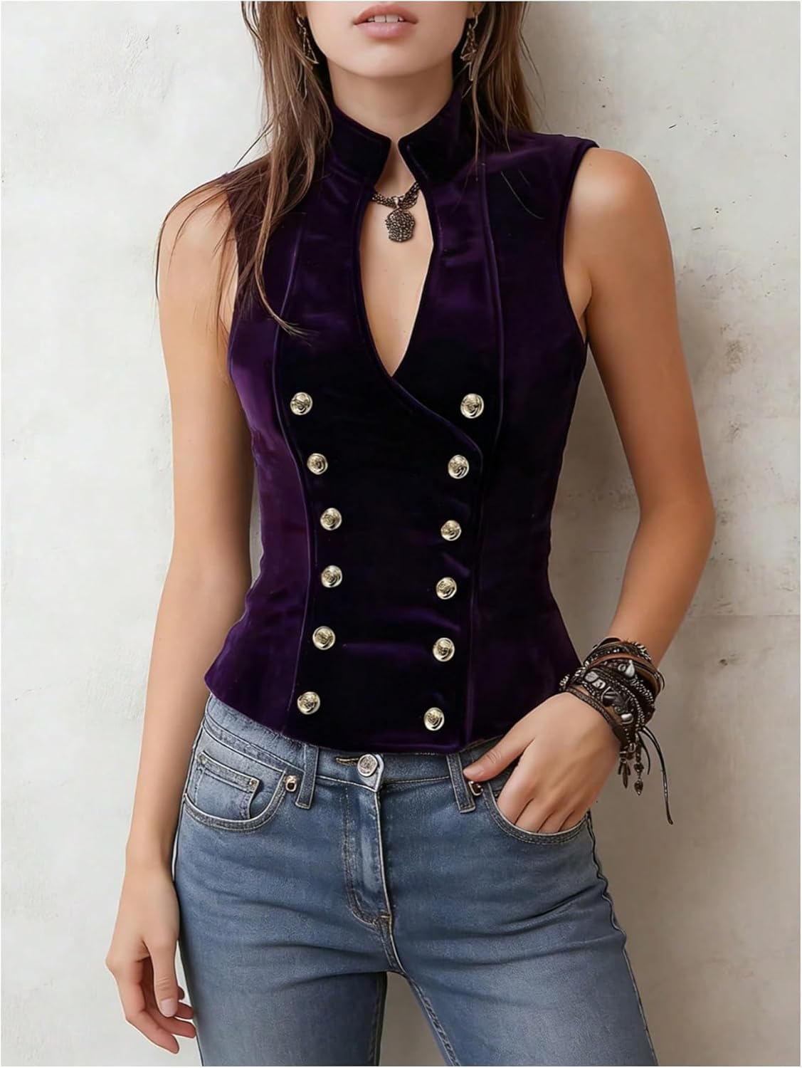 Women Velvet Mock Neck Vest Top Double Breasted Botton Sleeveless Vintage Tank Tops