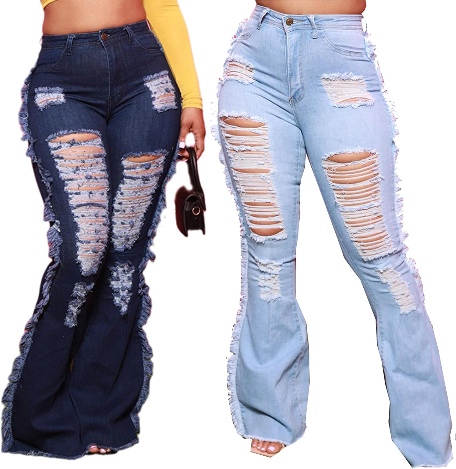Women Bell Bottom Jeans High Waisted Flare Jean Ripped Hole Classic Bell Bottom Pants