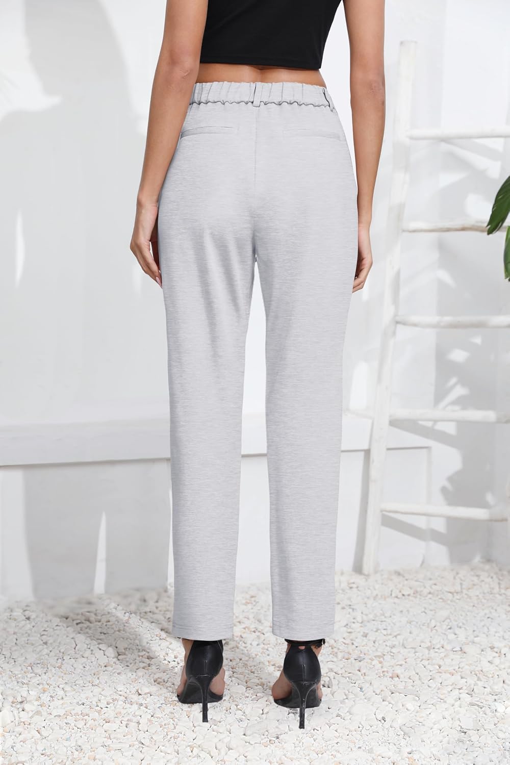 Women's Elastic Waisted Dress Pants Business Work Casual Stretch Slacks with Pockets