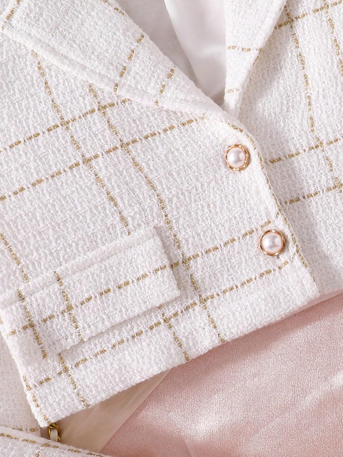 Girl's Plaid Long Sleeve Button Front Tweed Blazer with Cami Dress Set