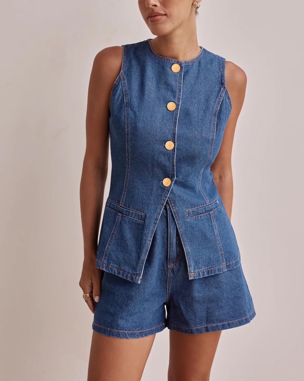Women's Button Down Vest Sleeveless Tank Tops Crew Neck Slim Fit Jean Jacket Waistcoat with Pockets