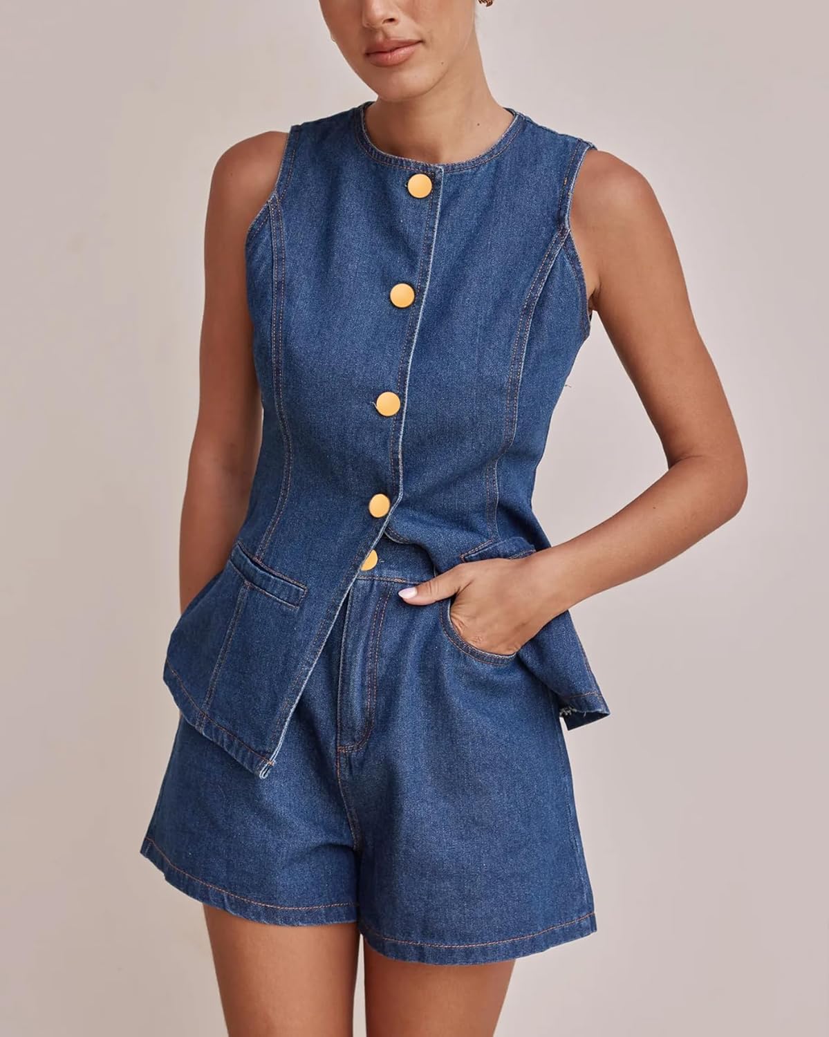 Women's Button Down Vest Sleeveless Tank Tops Crew Neck Slim Fit Jean Jacket Waistcoat with Pockets