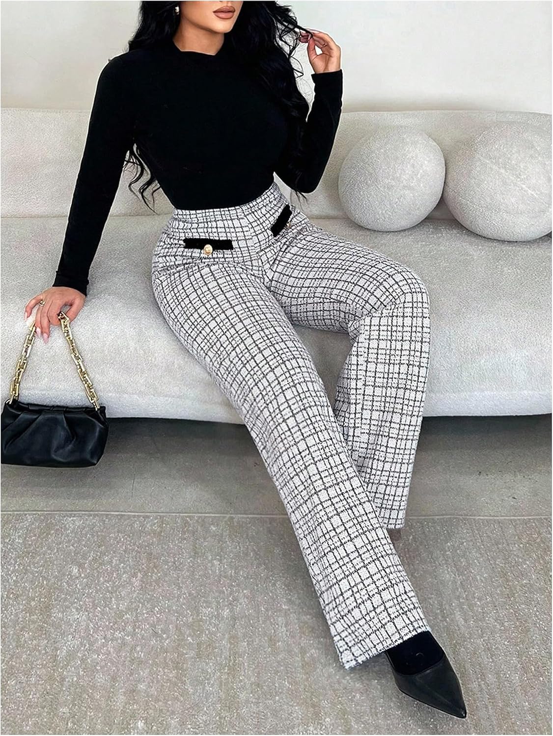 Women's Plaid Wide Leg Tweed Pants Old Money High Waisted Fall Business Casual Trousers