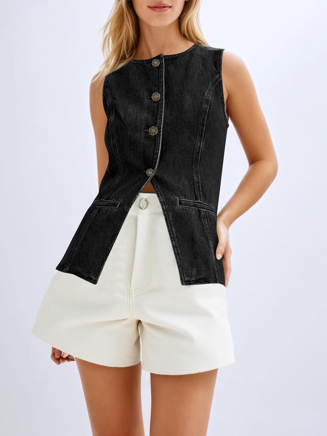 Womens Button Down Vest Trendy Fitted Sleeveless Jean Tank Tops Crew Neck Waistcoat