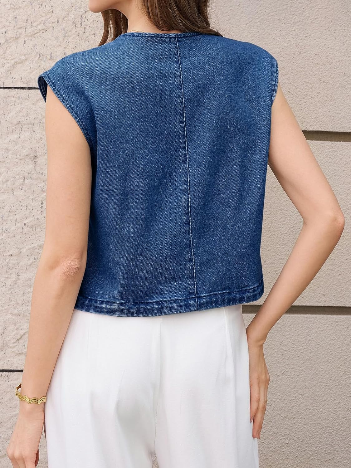 Womens Cropped Cap Sleeve Vest Summer Button Down Jean Tank Tops Trendy Casual Waistcoats