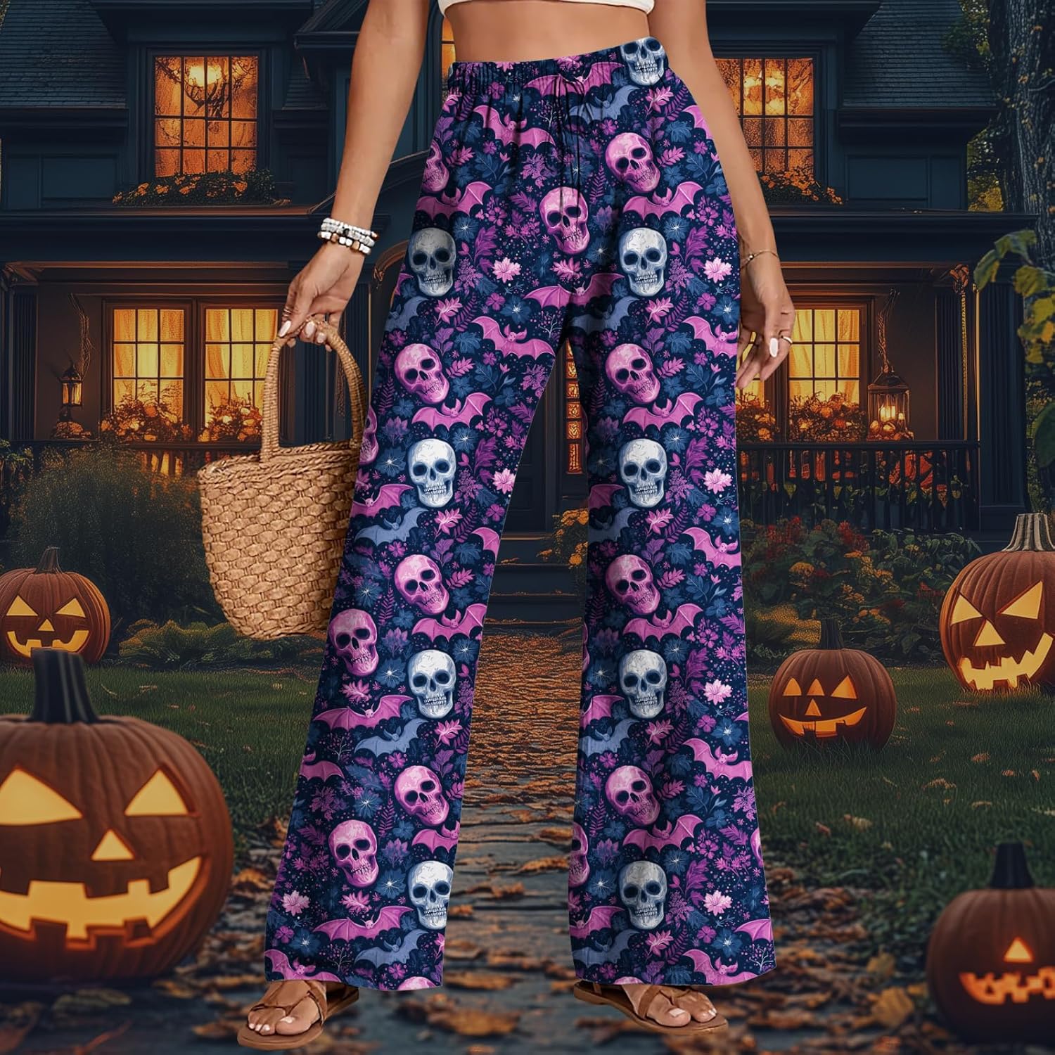 Womens Wide Leg Pants Casual Summer High Waist Flowy Trousers Floral Print Loose Fit Beach Vacation Lounge