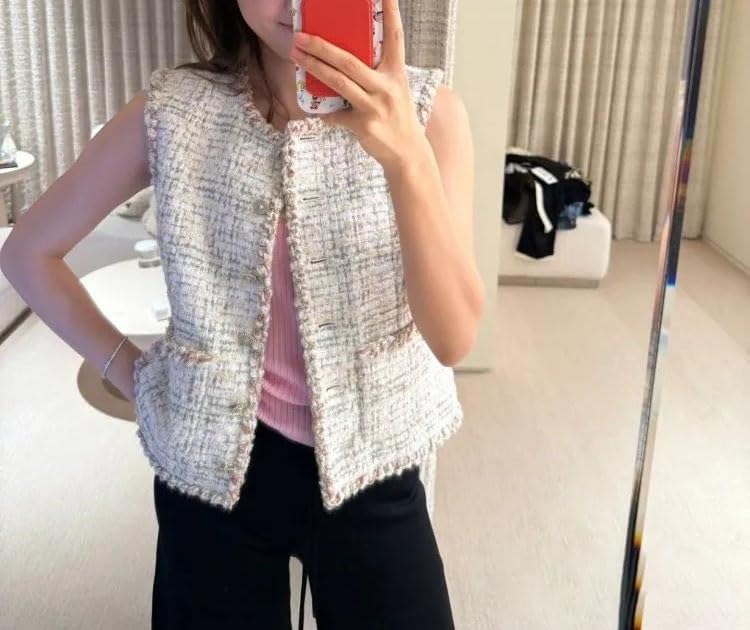 Women Tweed Vest Sleeveless Button Front Slim Fit Office Lady Casual Waistcoat