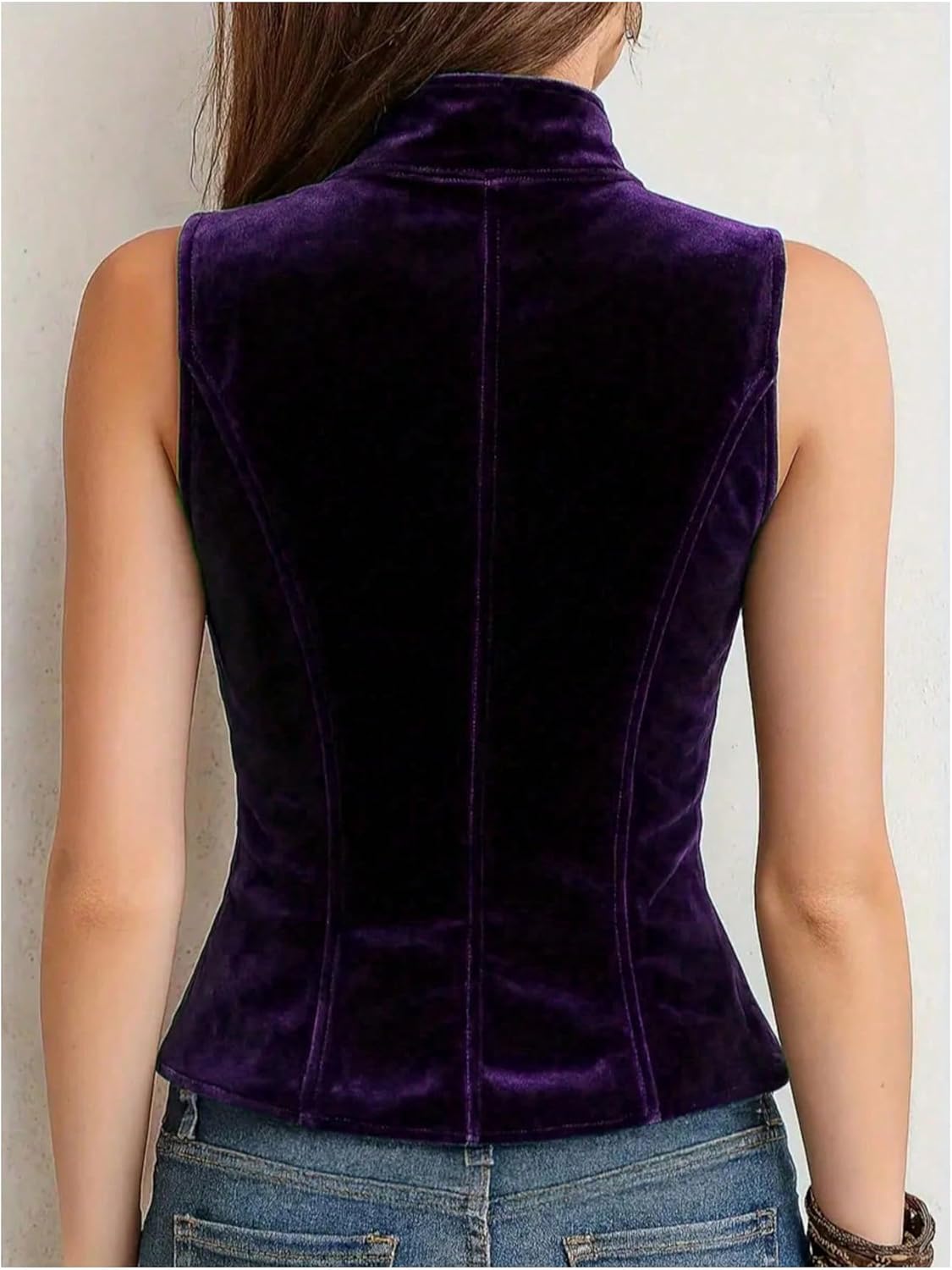 Women Velvet Mock Neck Vest Top Double Breasted Botton Sleeveless Vintage Tank Tops