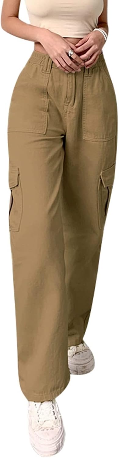 High Waisted Cargo Pants for Women Casual Wide Leg Trousers Baggy Stretch Y2k Cargo Jeans with Pockets