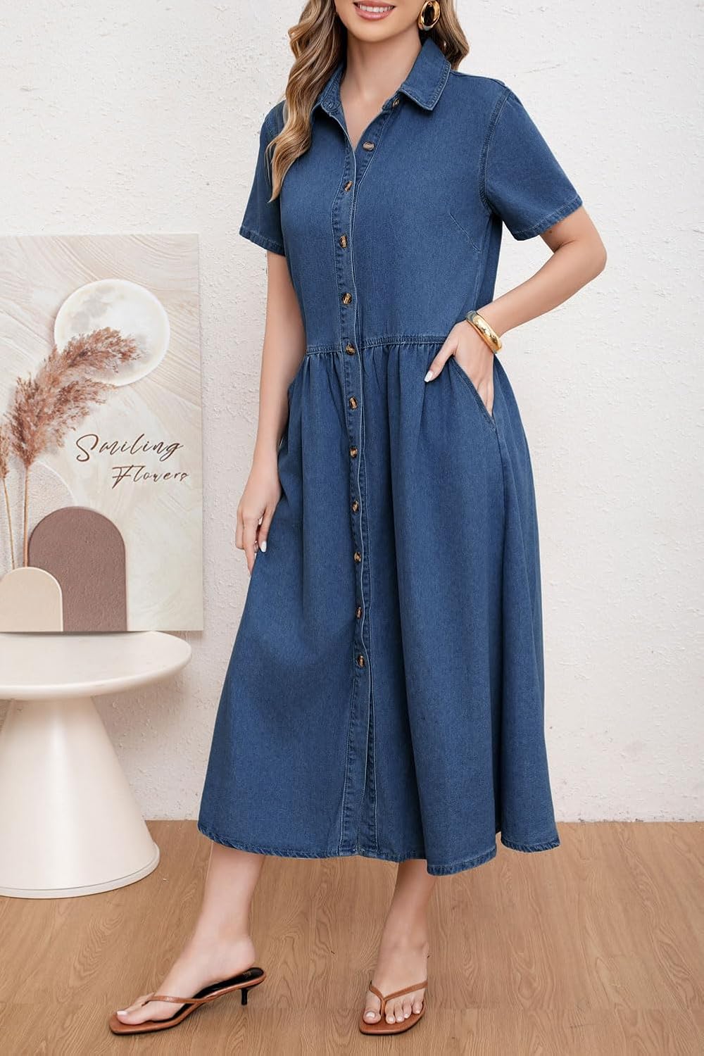 Womens Dress Lapel Short Sleeve Frayed Hem Jean Dresses Oversized Button Down A Line Shirt Dress