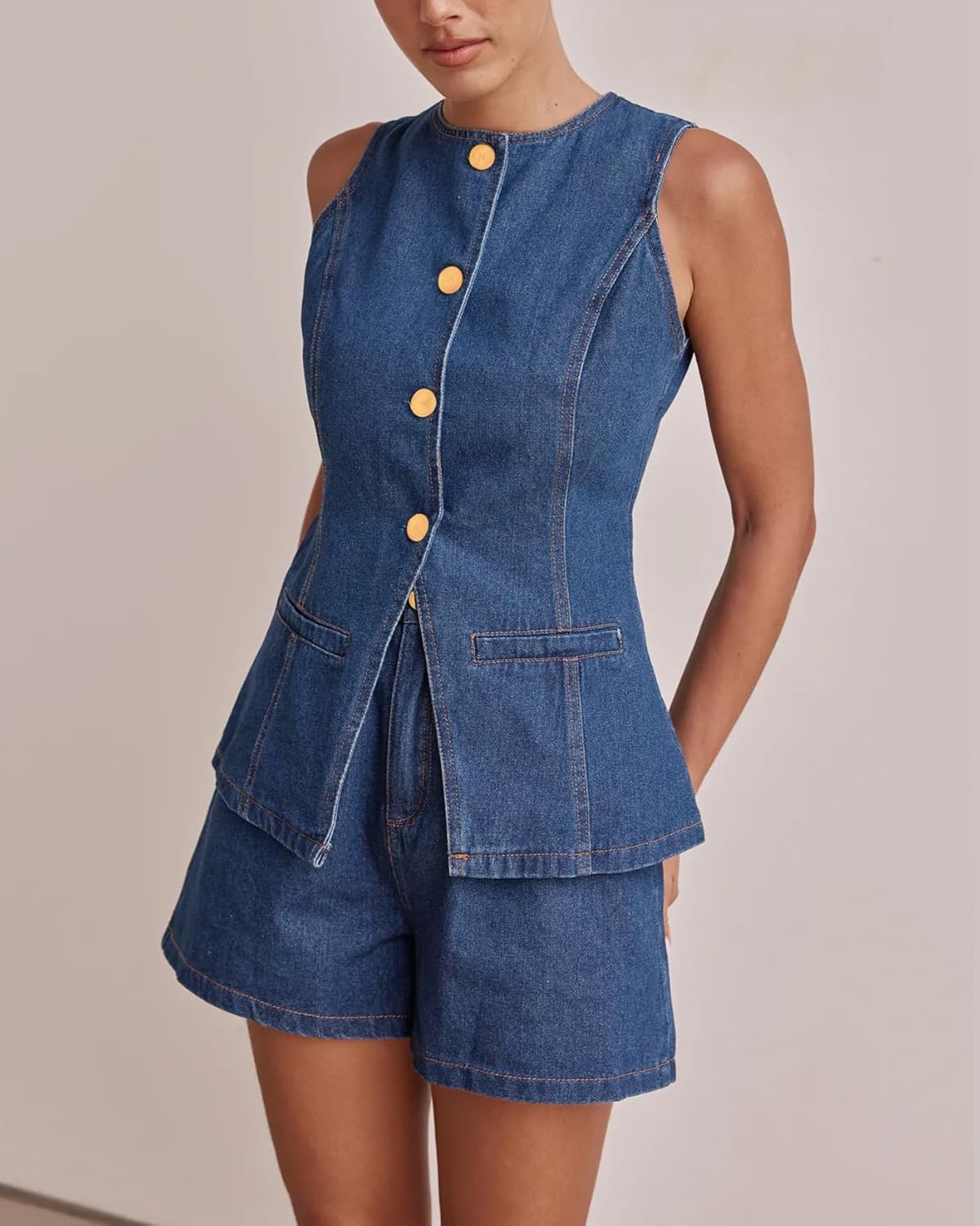 Women's Button Down Vest Sleeveless Tank Tops Crew Neck Slim Fit Jean Jacket Waistcoat with Pockets