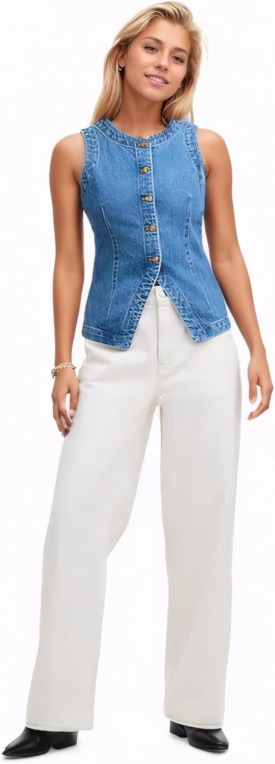 Women Vest Sleeveless Crewneck Button Down Jean Waistcoat Casual Front Slit Slim Tank Top