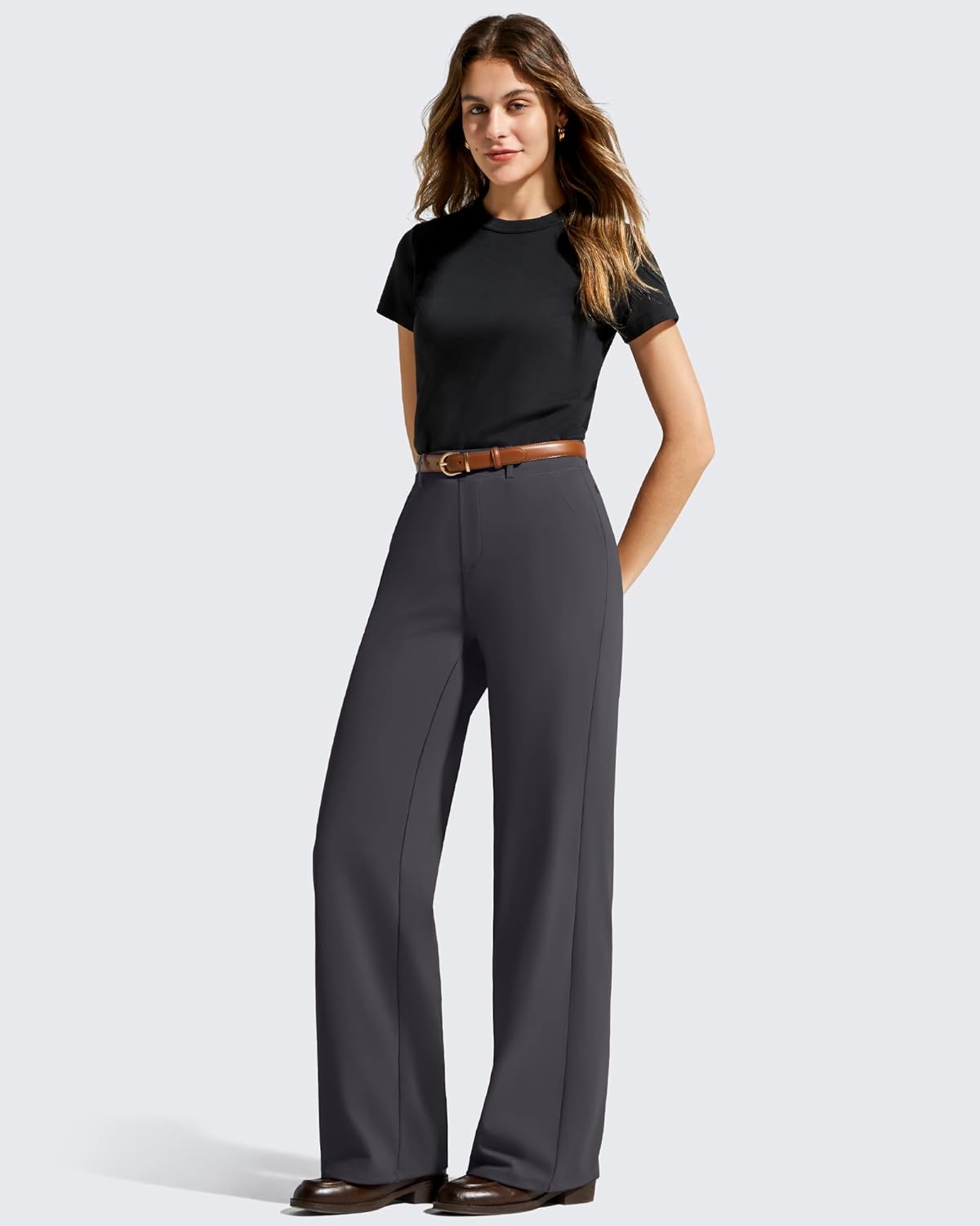 Women's Wide Leg Dress Pants Pull On Stretchy High Waisted Casual Trousers with Pockets