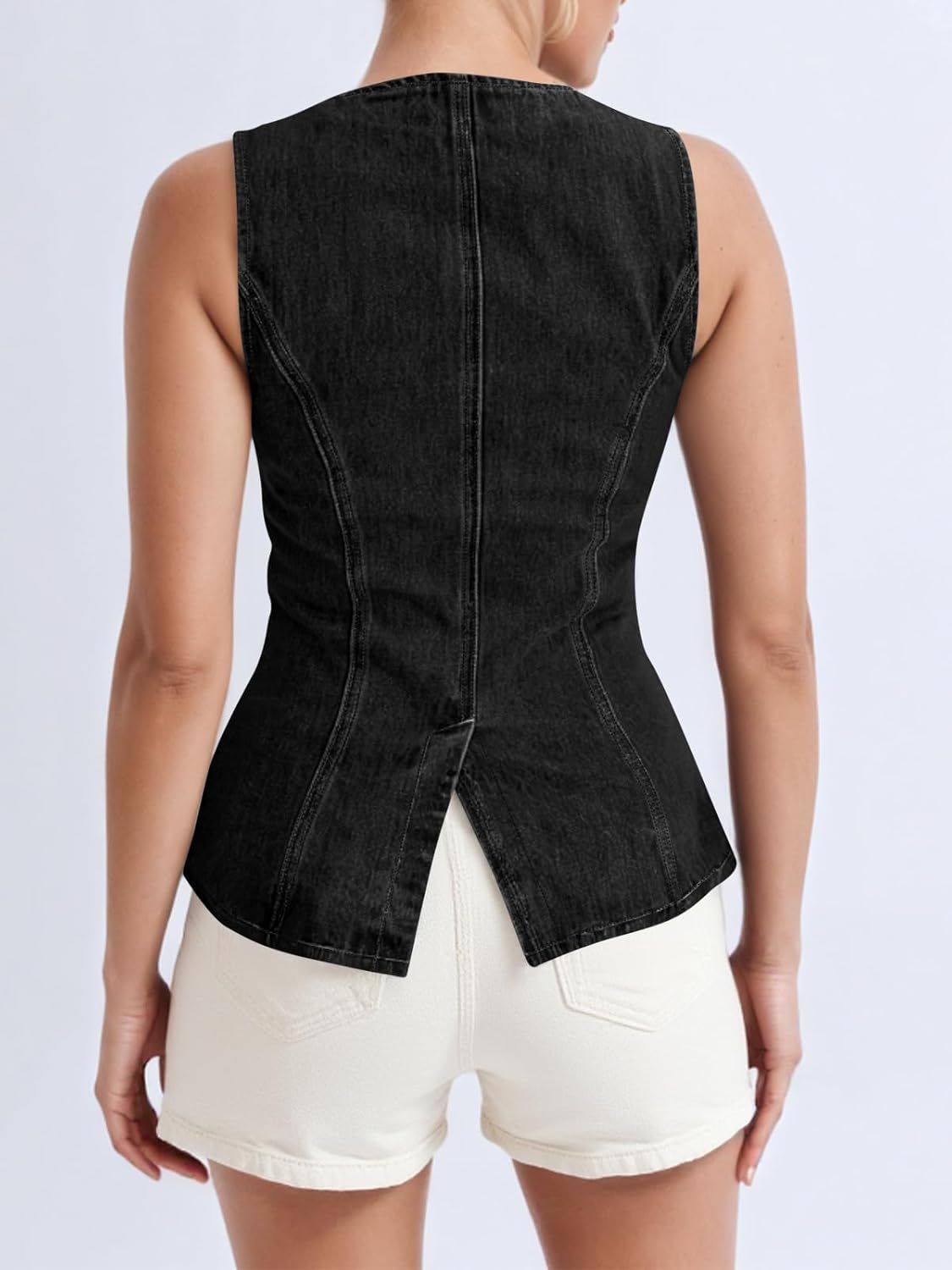 Womens Button Down Vest Trendy Fitted Sleeveless Jean Tank Tops Crew Neck Waistcoat