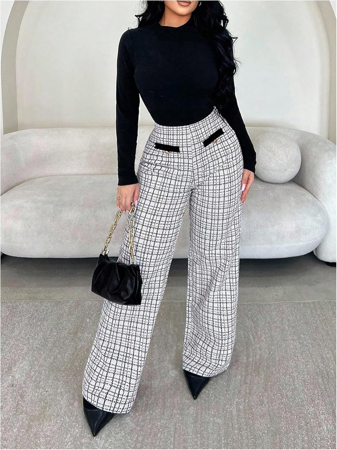 Women's Plaid Wide Leg Tweed Pants Old Money High Waisted Fall Business Casual Trousers