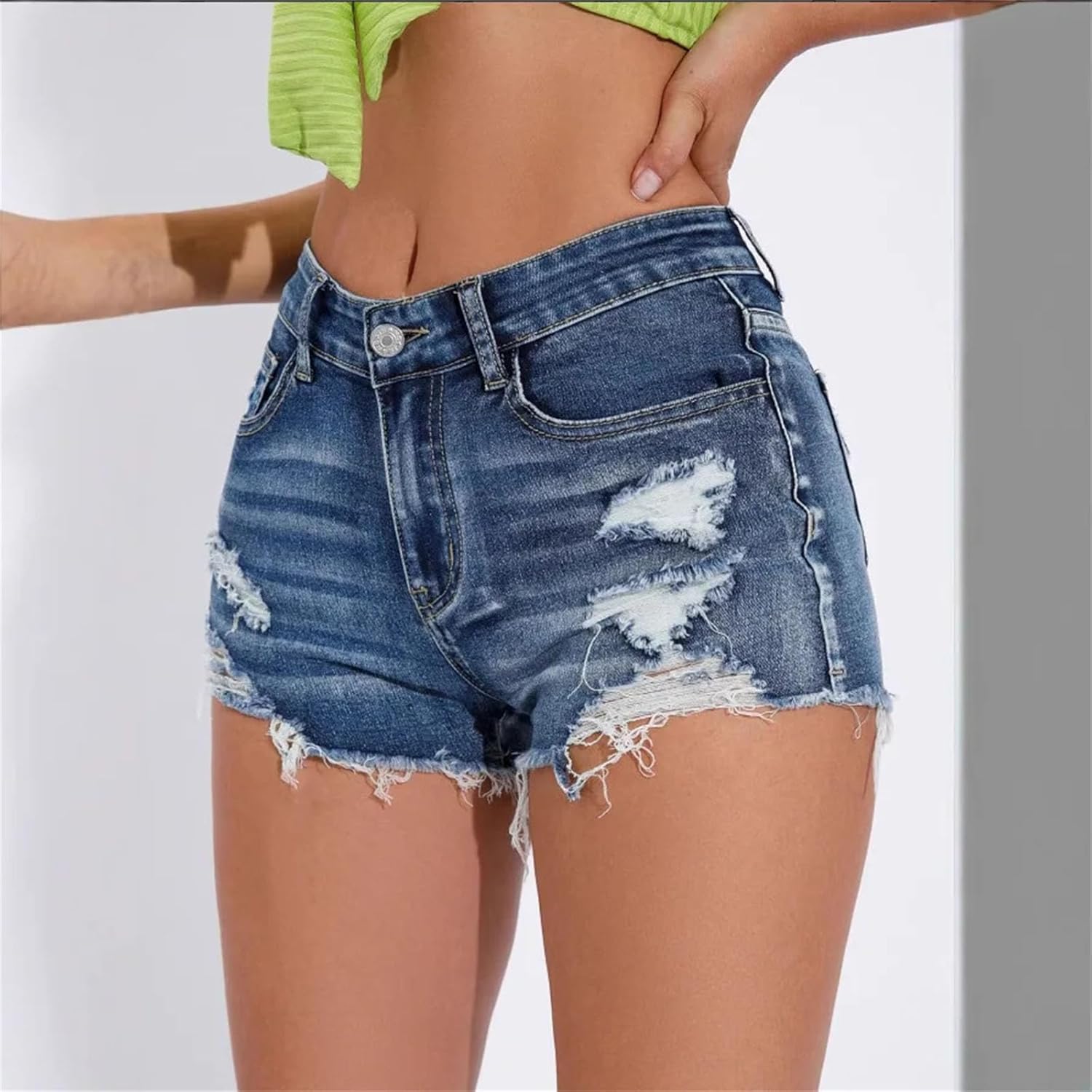 Womens High Rise Distressed Jean Shorts Raw Edge Stretch Slim Fit Y2K Vintage Lightweight Short Shorts