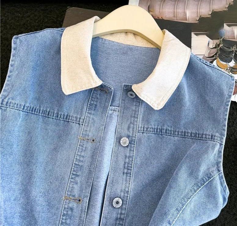 Womens Mesh Patchwork Vest Sleeveless Jean Waistcoat Lapel Collar Button Front Cropped Jacket