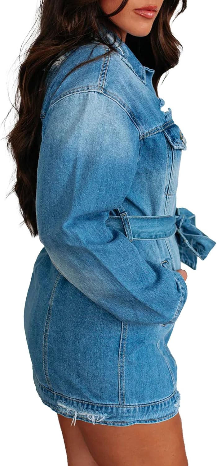 Women's Distressed Jacket Button Down Long Sleeve Ripped Spring Fall Oversized Jean Mini Dress Outerwear