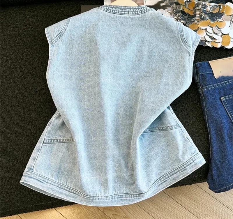 Womens Vest Sleeveless Jean Waistcoat Round Neck Button Front Cropped Jacket