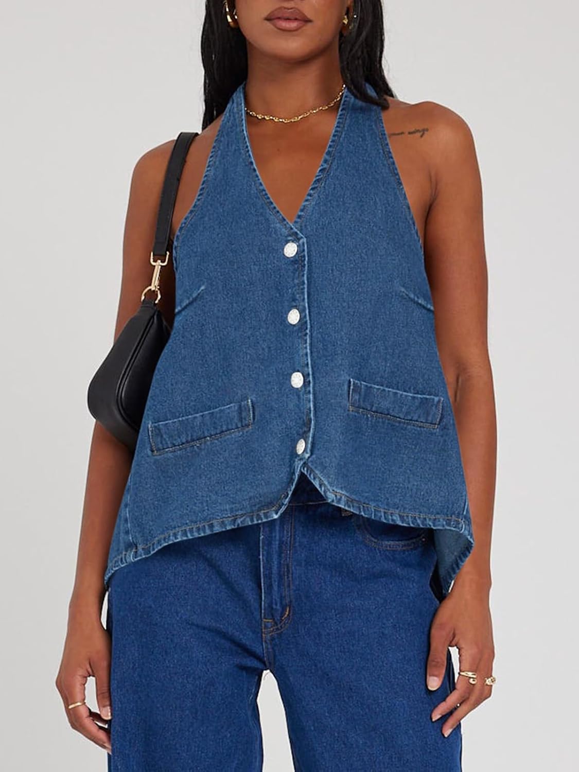 Womens Halter Vest Tops Summer Sleeveless Open Back Y2K Going Out Jean Tank Tops V Neck Button Up Waistcoat