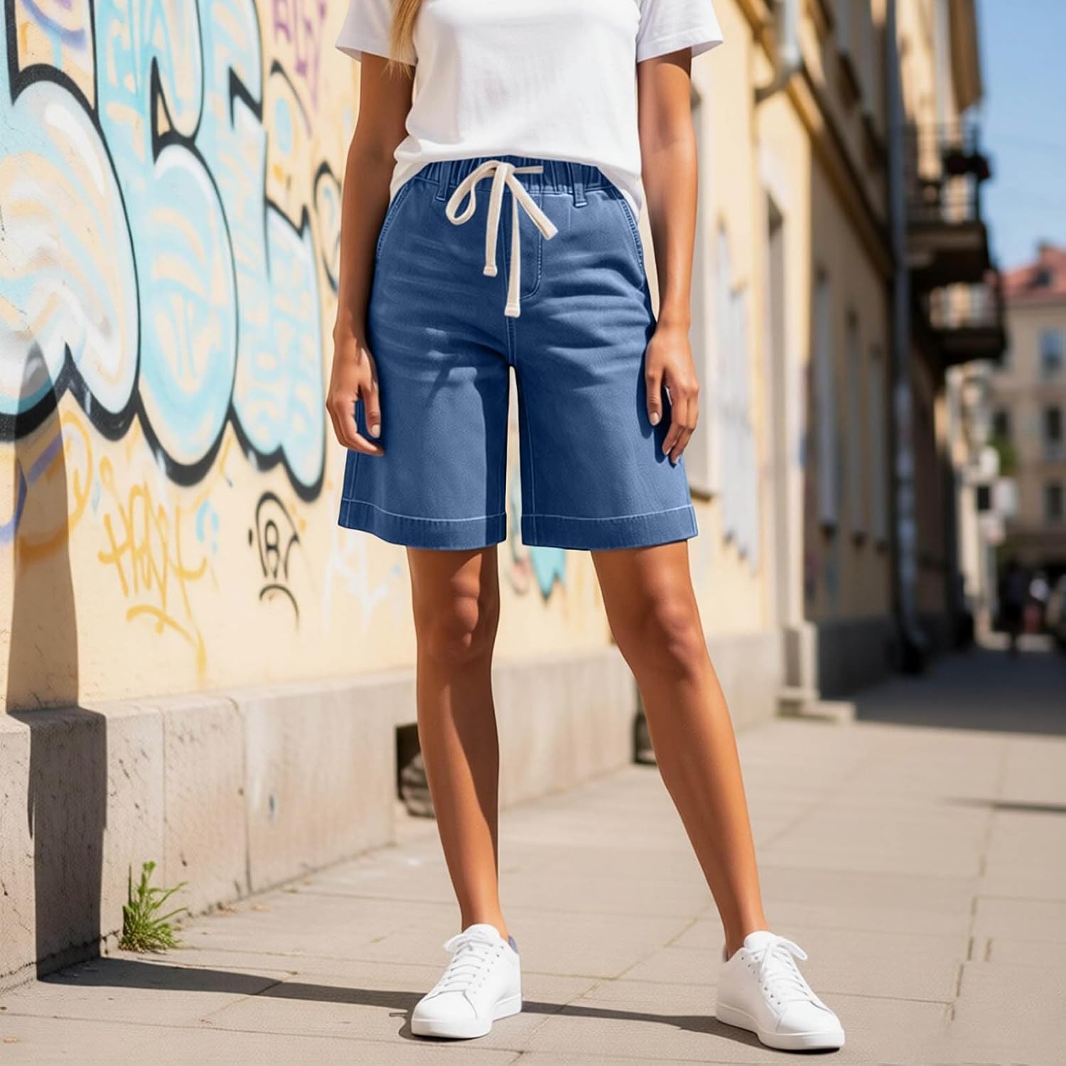 Drawstring Shorts Summer Casual Knee Length Baggy Y2k Jorts Cute High Waisted Bermuda Shorts with Pockets